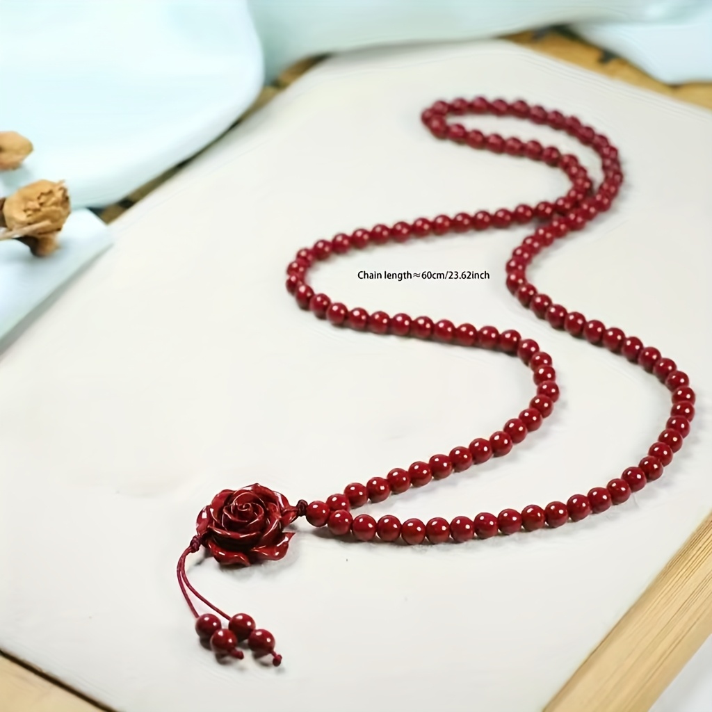 Buddhist Prayer Necklace with Red Cinnabar Stone, Gift